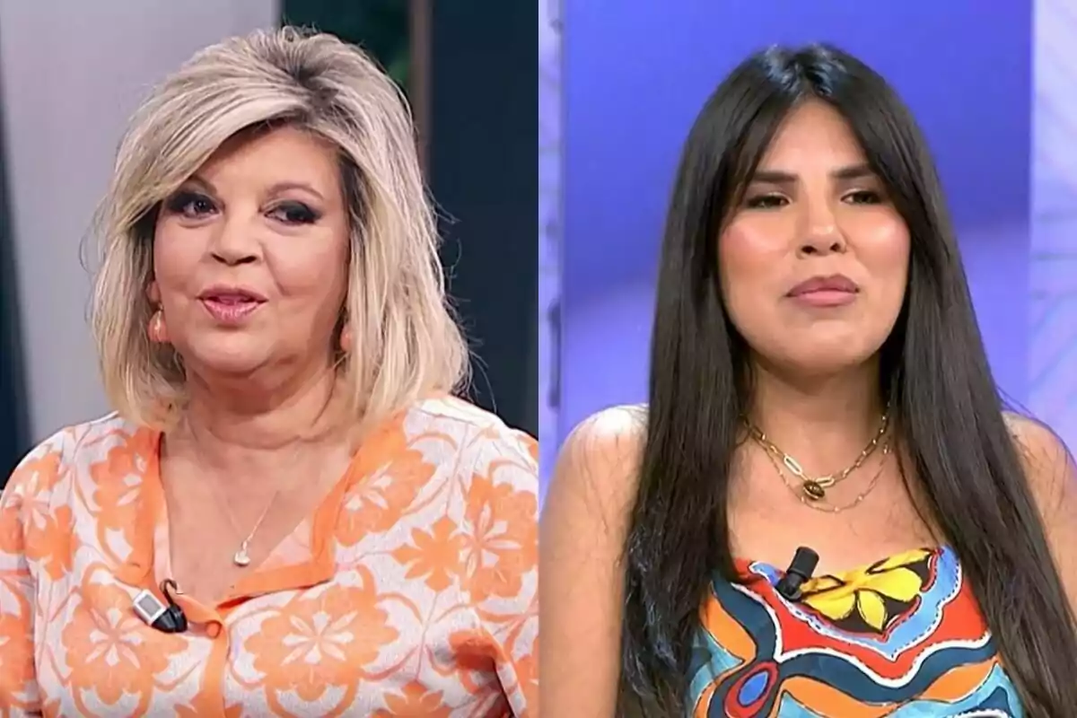 Montaje de fotos de Terelu Campos y Isa Pantoja hablando en diferentes programas de Telecinco