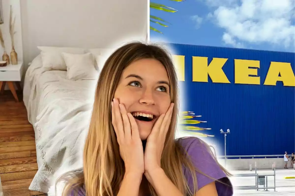 Una mujer sonriente con las manos en las mejillas frente a un fondo que combina una habitación con cama y el exterior de una tienda Ikea.