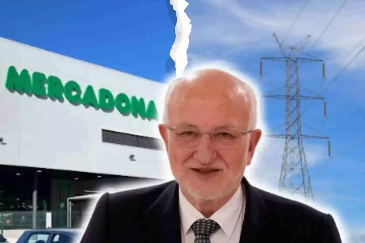 Juan Roig con gafas y traje aparece frente a un edificio de Mercadona y una torre eléctrica bajo un cielo azul.