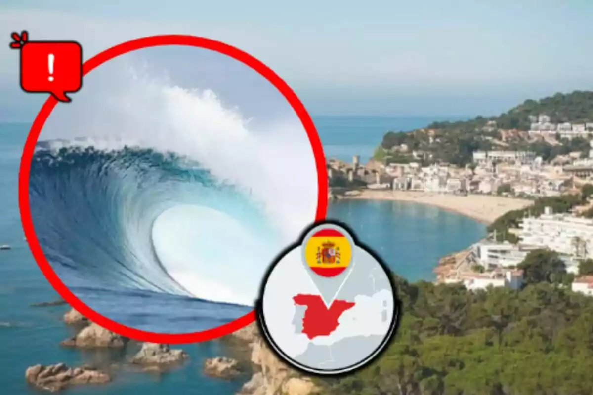 Alerta de tsunami en la costa de España con un mapa resaltando la ubicación.