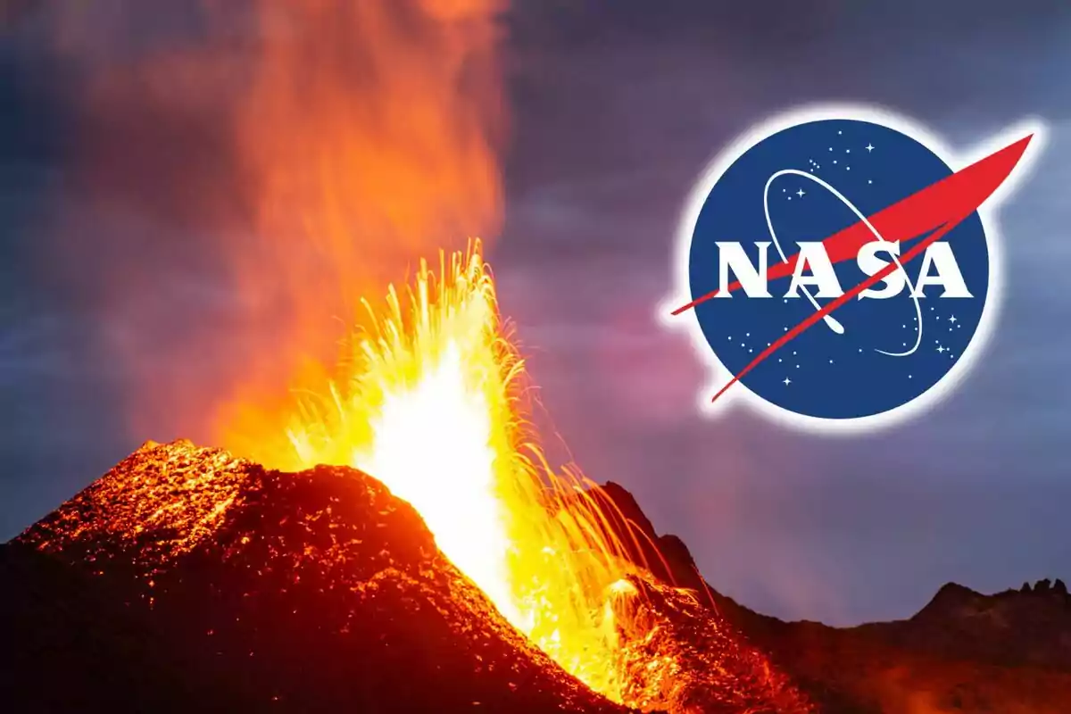 Volcanic eruption with NASA logo superimposed.