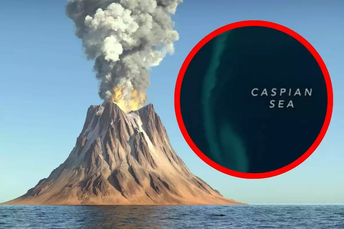 A volcano erupting in the middle of the sea with a circle highlighting the text 