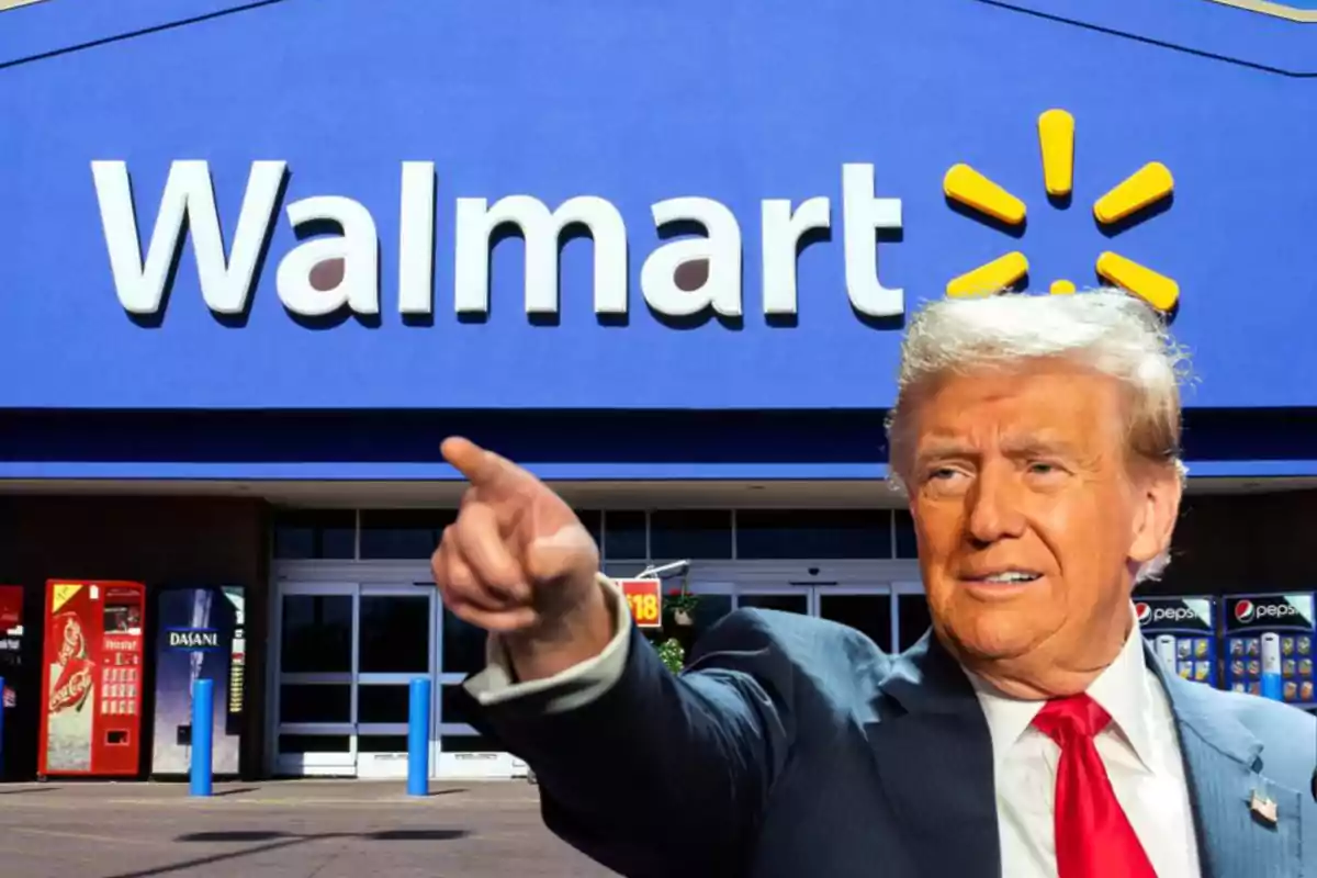 Donald Trump points forward in front of a Walmart store entrance.