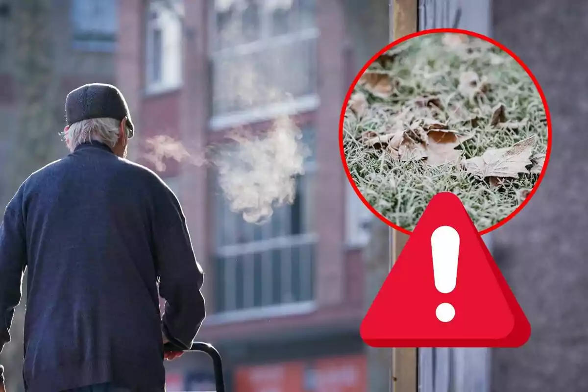 Un hombre mayor camina con un andador en un día frío mientras su aliento se condensa en el aire; un recuadro muestra hojas secas sobre césped escarchado con un símbolo de advertencia. Un hombre mayor camina con un andador en un día frío mientras su aliento se condensa en el aire; un recuadro muestra hojas secas sobre césped escarchado con un símbolo de advertencia.