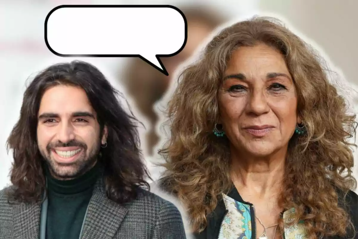 Guillermo Furiase y Lolita Flores sonrientes con cabello rizado, una burbuja de diálogo vacía sobre ellos.