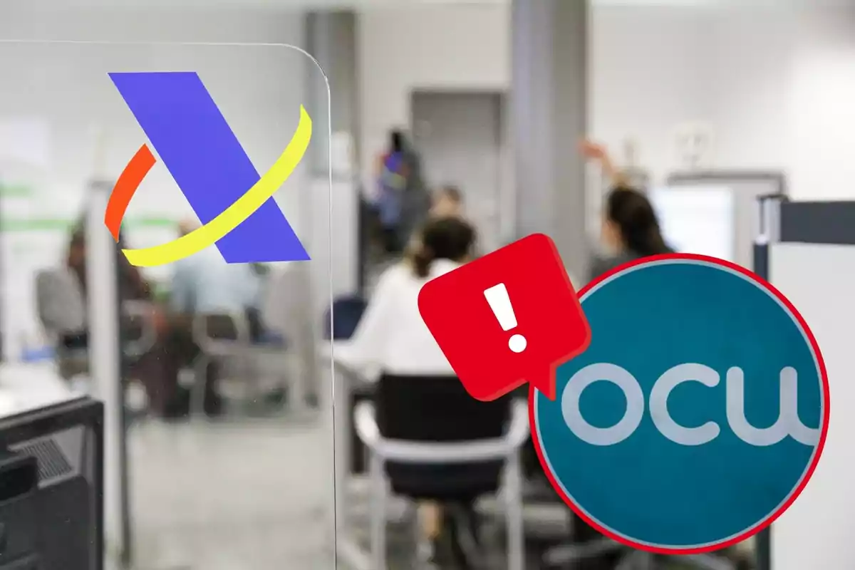 Logotipo de la Agencia Tributaria en una oficina con personas trabajando y un símbolo de advertencia de la OCU.