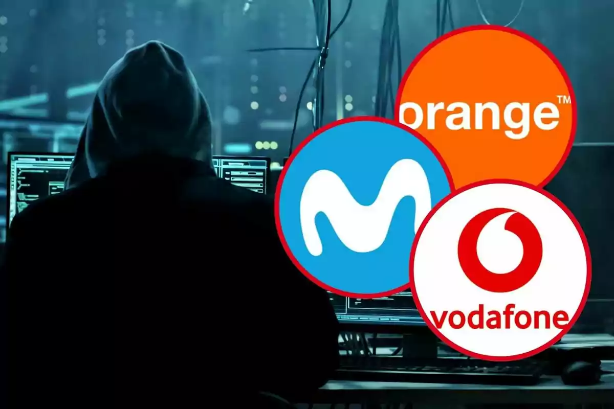 Persona con capucha frente a computadoras con logotipos de Orange, Movistar y Vodafone superpuestos.