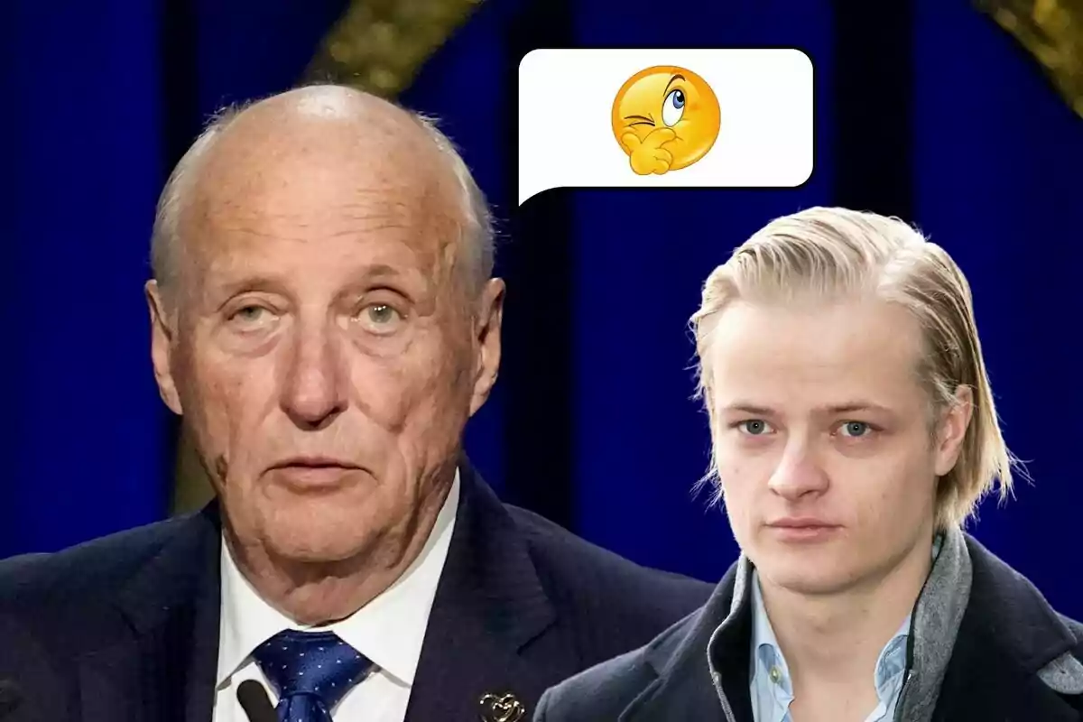 Harald de Noruega y Marius Börg con expresión seria y un emoji pensativo en un fondo azul.