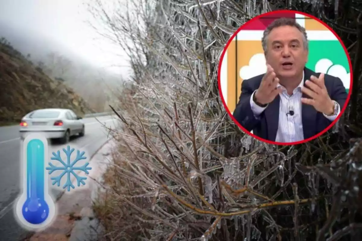 Paisaje helado con mucho frio, con un coche de fondo y en el círculo Roberto Brasero