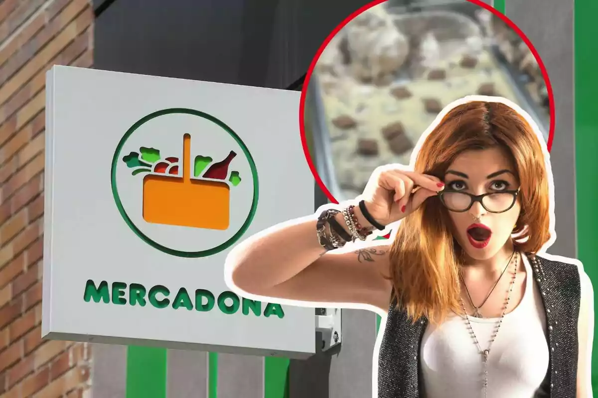 Montaje con un logo de Mercadona, una mujer sorprendida y un helado misterioso