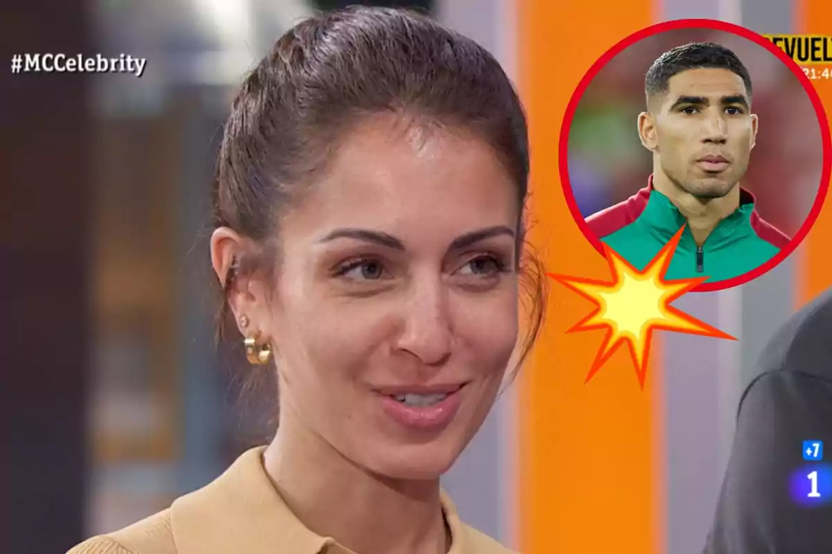 Montaje con Hiba Abouk, sonriente en el plató de 'MasterChef Celebrity', y Achraf Hakimi, con el chándal de la selección de Marruecos, en un círculo