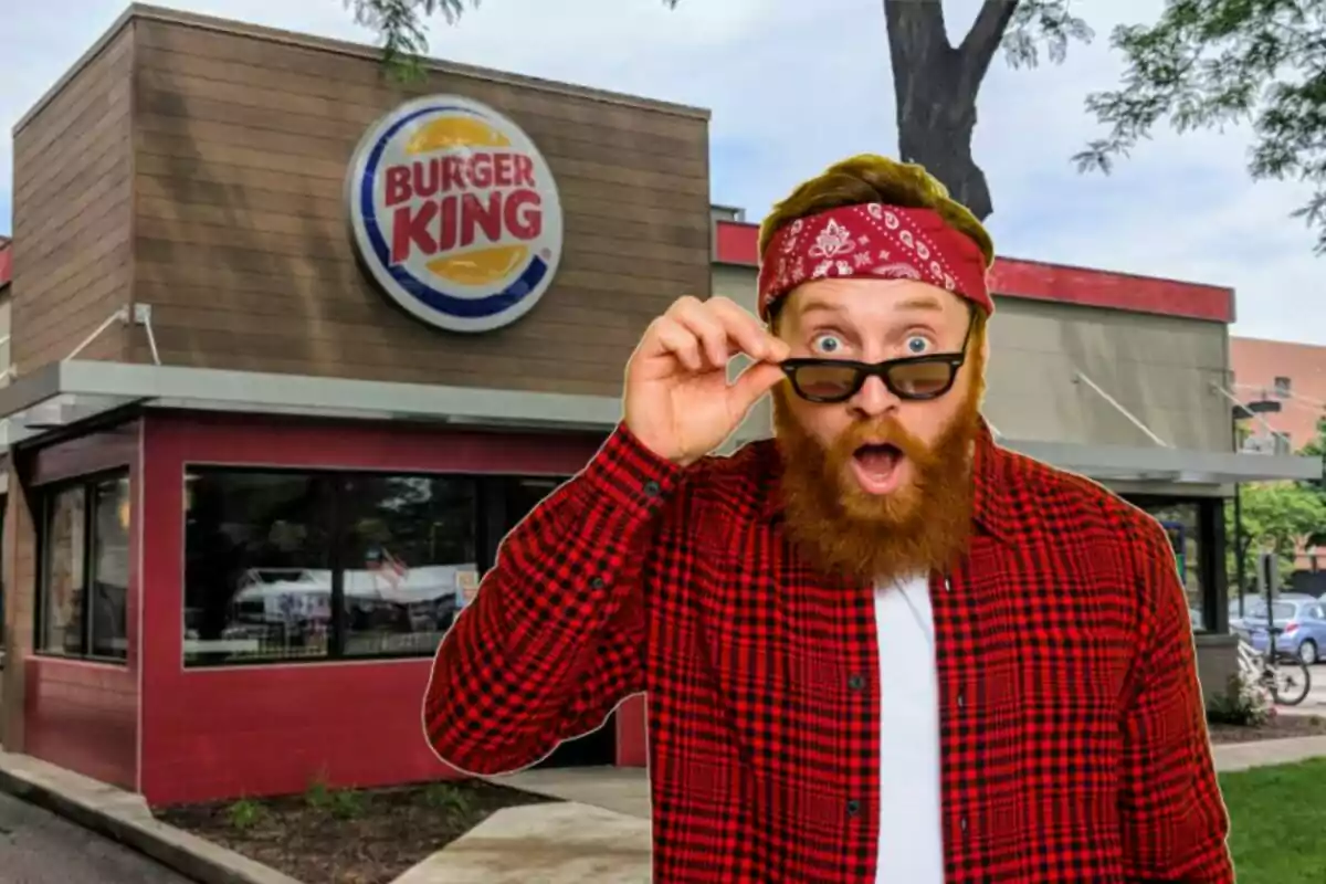 Hombre con barba y camisa de cuadros rojos sorprendido frente a un restaurante de Burger King