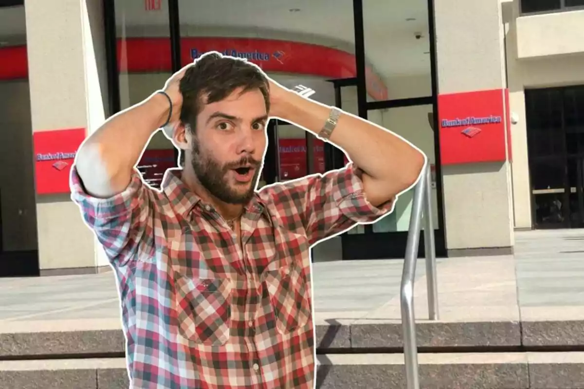 A man in a checkered jersey looks surprised in front of a building with red signs.