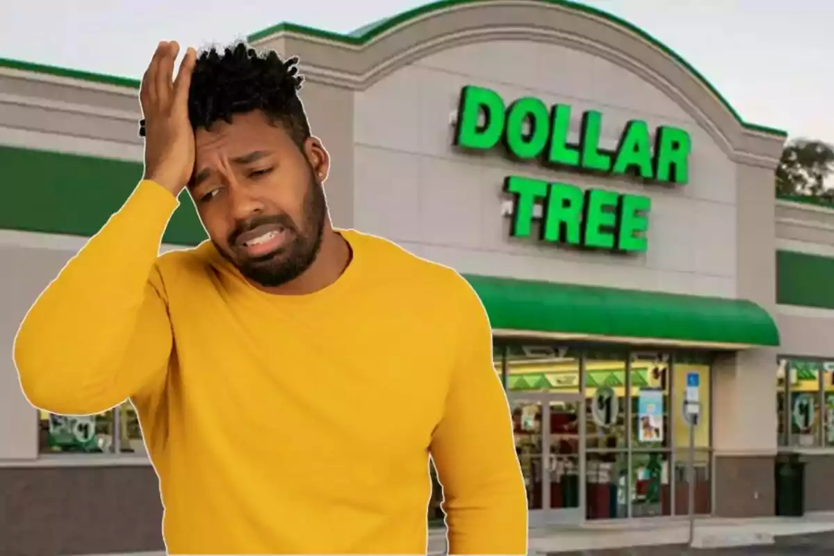 Hombre con expresión de preocupación frente a una tienda Dollar Tree