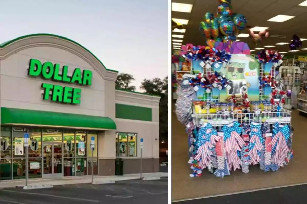 Fachada de una tienda Dollar Tree y exhibidor interior con productos decorativos de temática patriótica Fachada de una tienda Dollar Tree y exhibidor interior con productos decorativos de temática patriótica