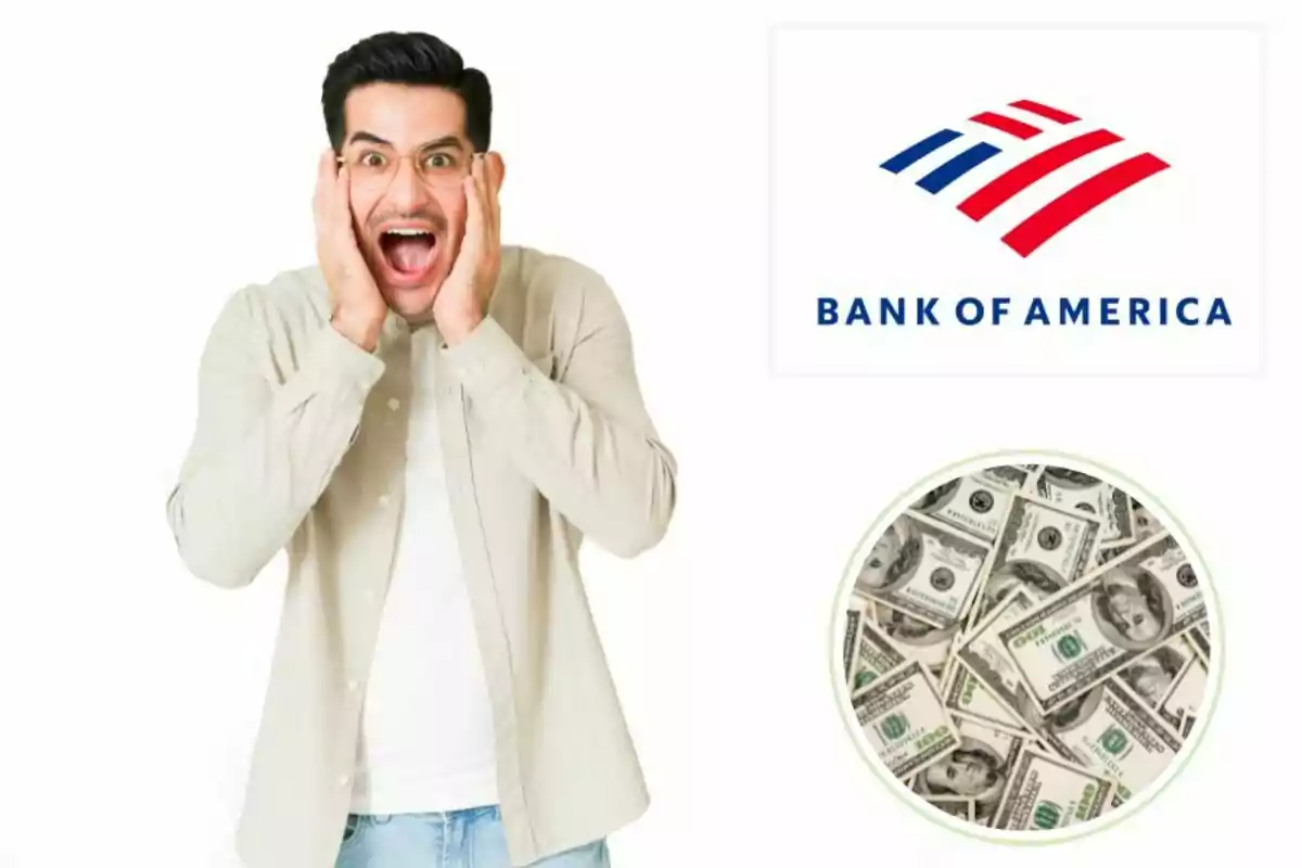 Un hombre sorprendido junto al logo de Bank of America y una imagen de billetes de dólar. Un hombre sorprendido junto al logo de Bank of America y una imagen de billetes de dólar.