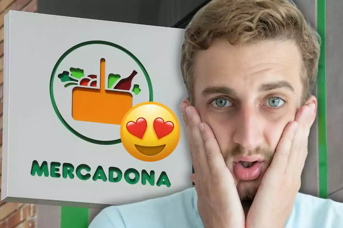 Un hombre sorprendido frente a un cartel de supermercado con un emoji de ojos de corazón.