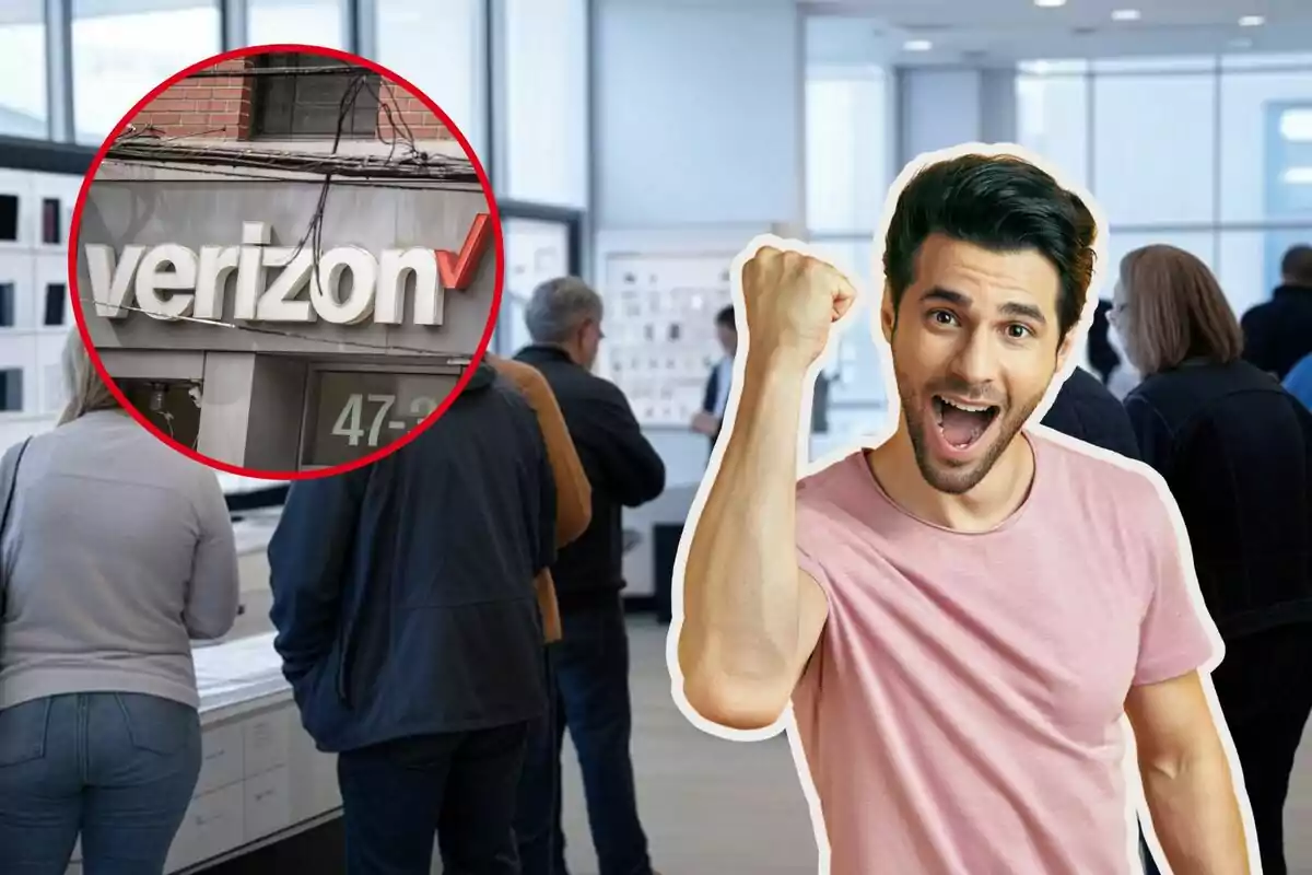 Una persona emocionada levanta el puño mientras un grupo de personas espera en una tienda con un logotipo de Verizon en un círculo rojo. Una persona emocionada levanta el puño mientras un grupo de personas espera en una tienda con un logotipo de Verizon en un círculo rojo.