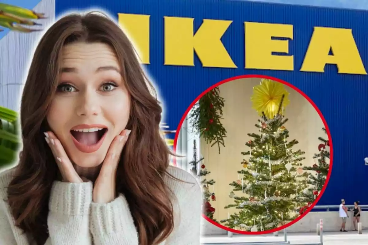 Una mujer emocionada frente a una tienda de IKEA con un árbol de Navidad decorado en un círculo rojo superpuesto.