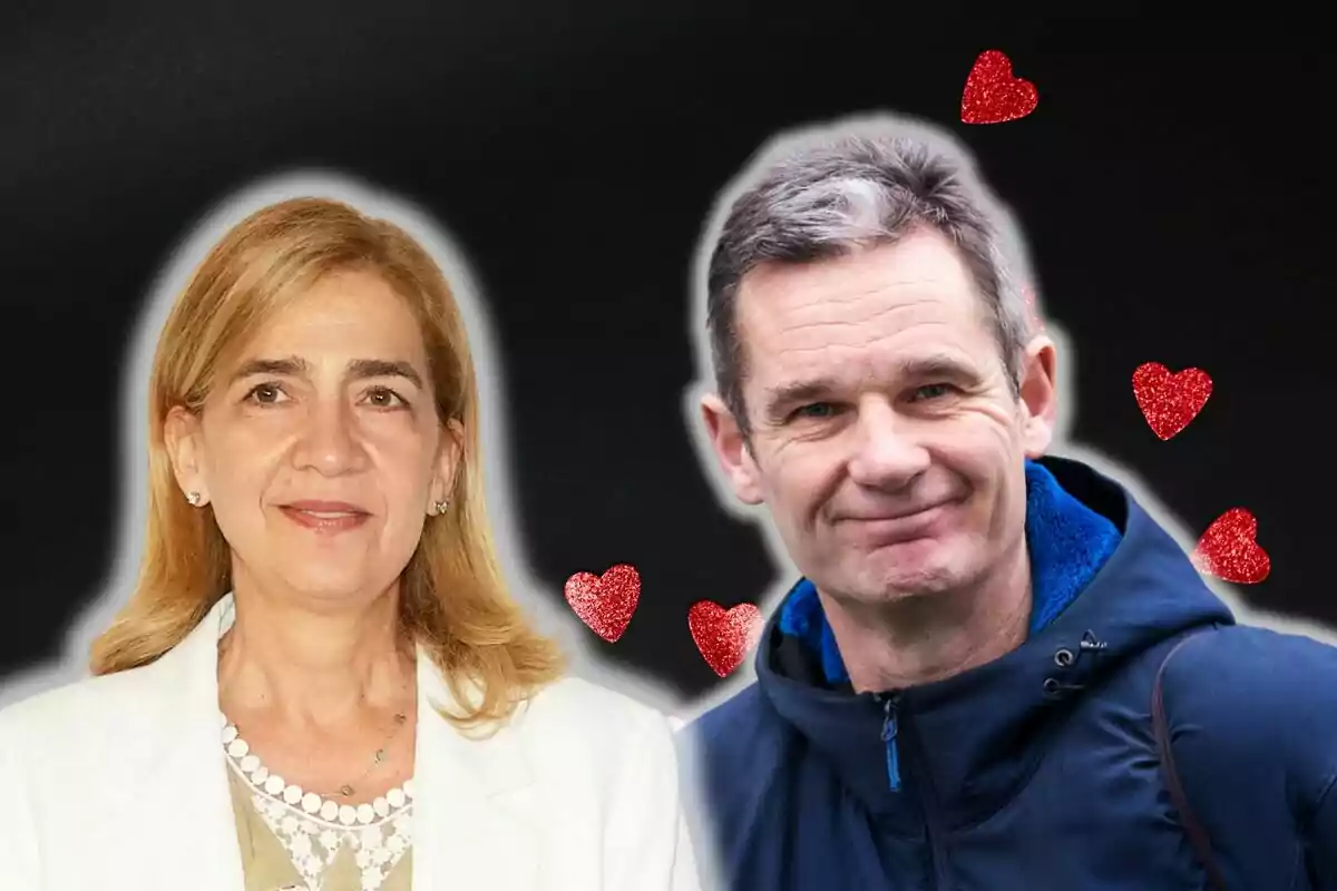 La infanta Cristina e Iñaki Urdangarin posan juntas con un fondo negro decorado con corazones rojos.