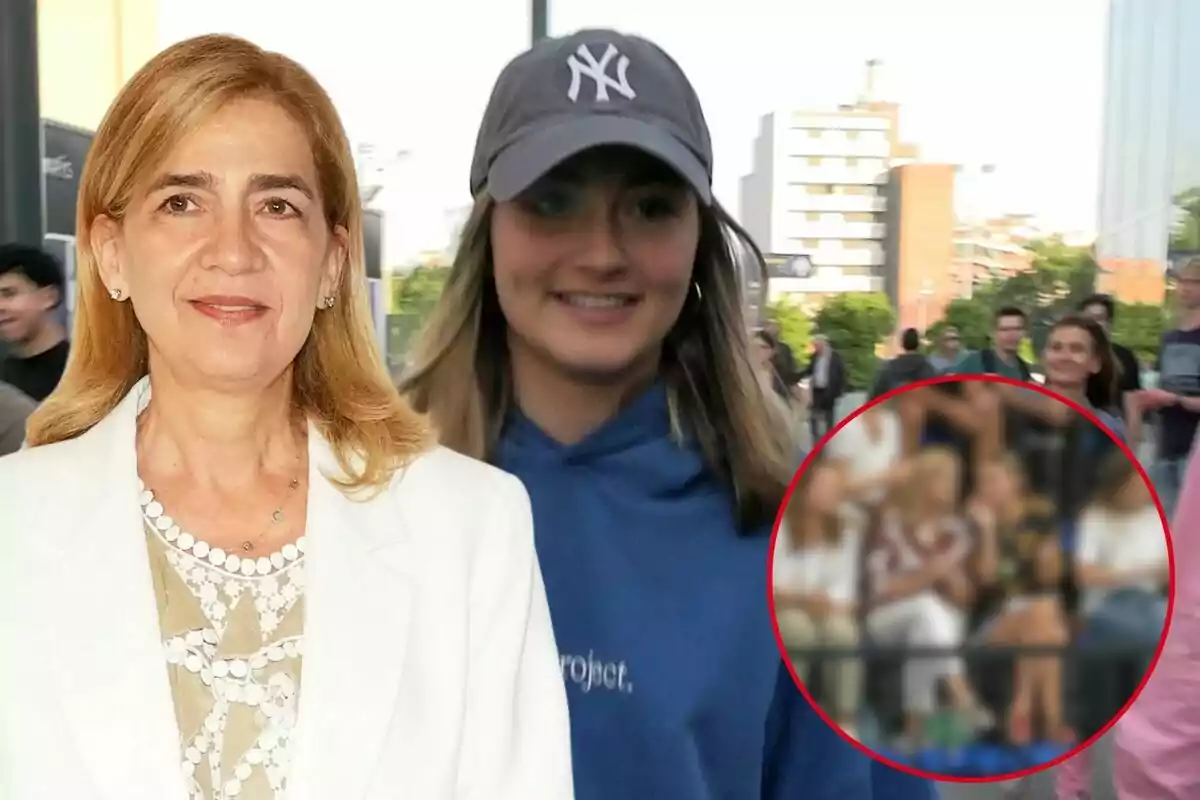 La infanta Cristina con chaqueta blanca y Johanna Zott con gorra de béisbol y sudadera azul, con una imagen borrosa en un círculo rojo en la esquina inferior derecha.