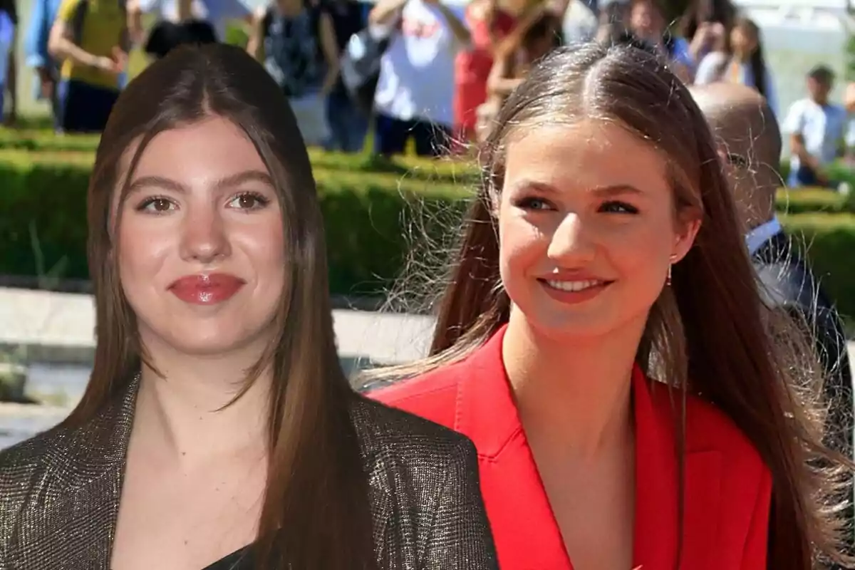 La infanta Sofía y Leonor sonríen al aire libre en un evento concurrido.