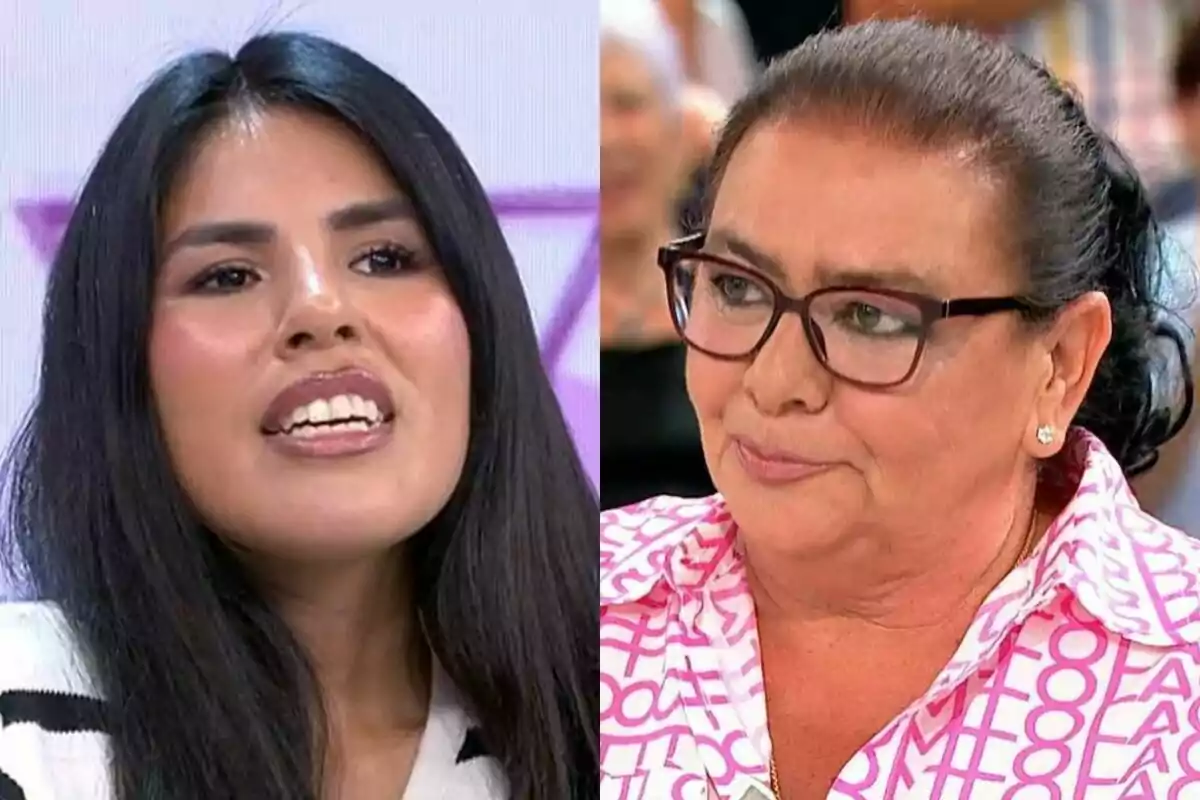 Isa Pantoja con cabello largo y oscuro en Vamos a ver a la izquierda y María del Monte con gafas y cabello recogido en Y ahora Sonsoles a la derecha. Isa Pantoja con cabello largo y oscuro en Vamos a ver a la izquierda y María del Monte con gafas y cabello recogido en Y ahora Sonsoles a la derecha.