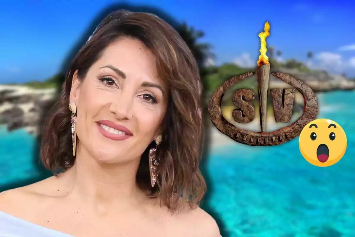 Nagore Robles sonriente con cabello castaño y pendientes largos frente a un fondo de playa con un logotipo de "SV" y un emoji sorprendido.