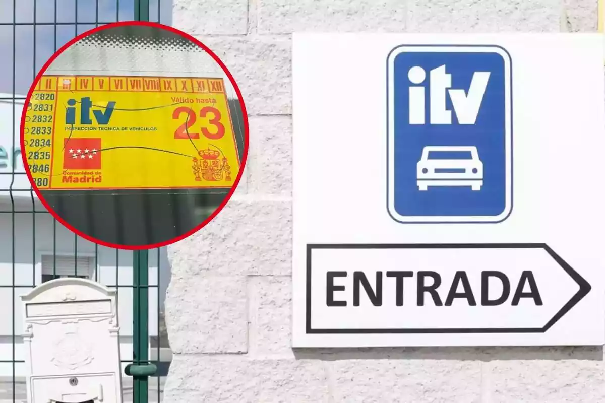 Señal de entrada a la ITV y pegatina de la Inspección Técnica de Vehículos en un coche