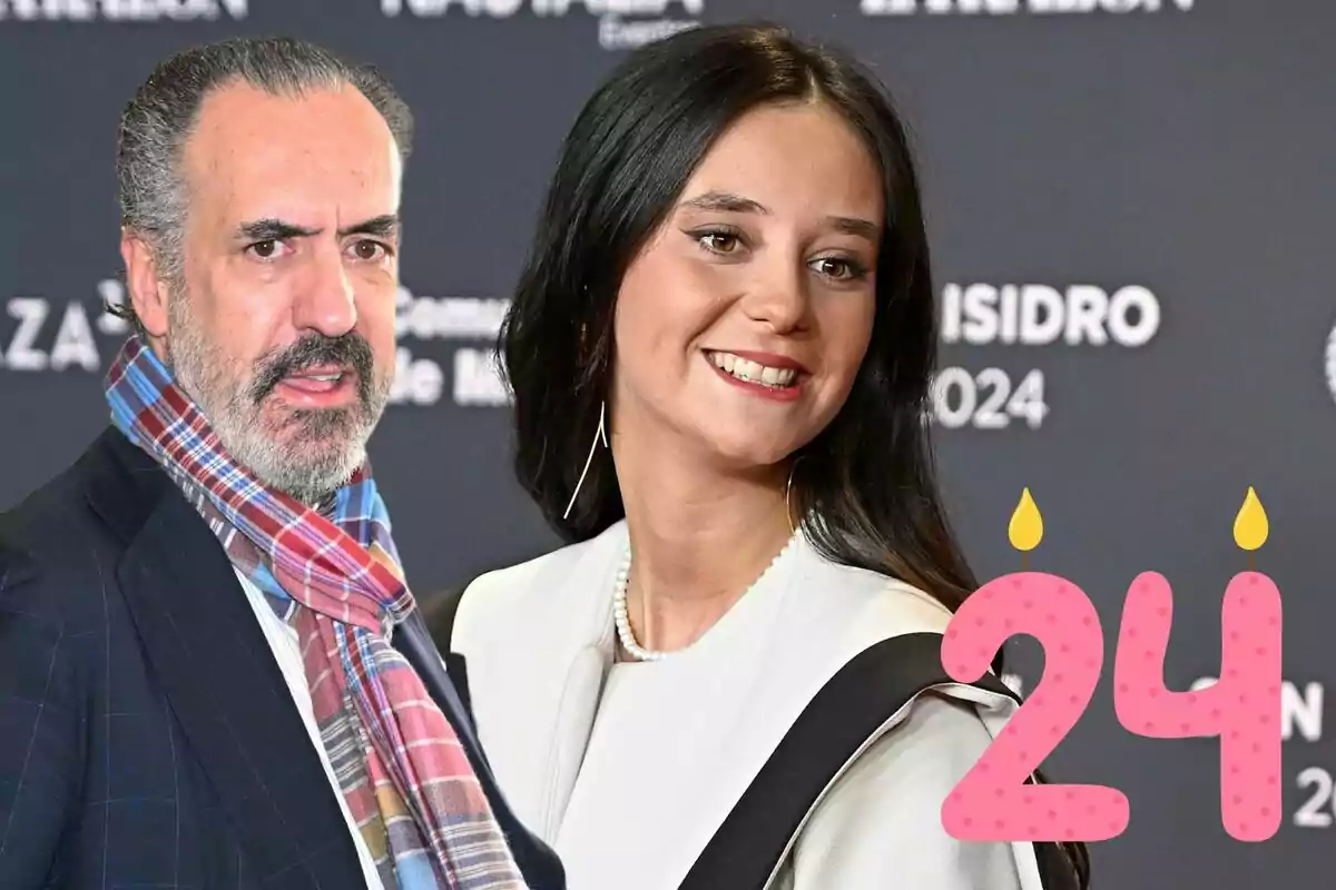 Victoria Federica sonriente y Jaime de Marichalar con barba y bufanda posan juntos frente a un fondo negro con texto, mientras un número 24 con velas aparece en la esquina inferior derecha.