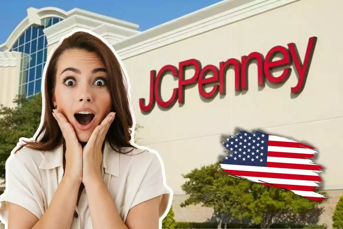 Una mujer con expresión de sorpresa frente a un edificio de JCPenney con una bandera de Estados Unidos en la esquina.