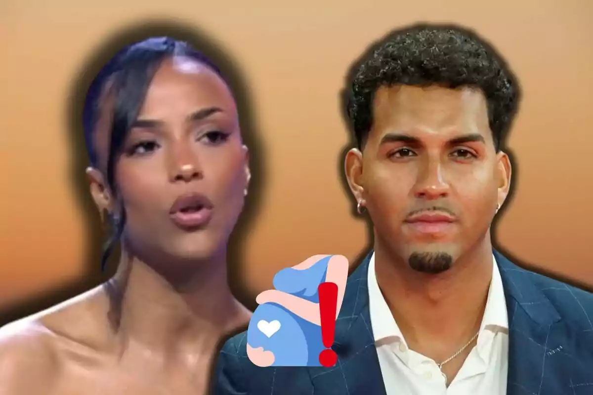 Jeimy Báez y Yulen Pereira con un fondo difuminado y un emoji de embarazo con un signo de exclamación.