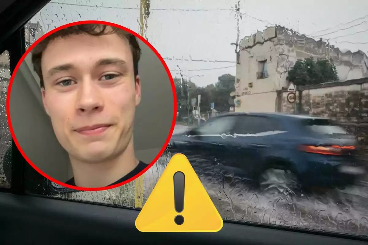 Un retrato del joven Jorge Rey en un círculo rojo sobre una imagen de un coche azul en movimiento bajo la lluvia con un símbolo de advertencia amarillo.