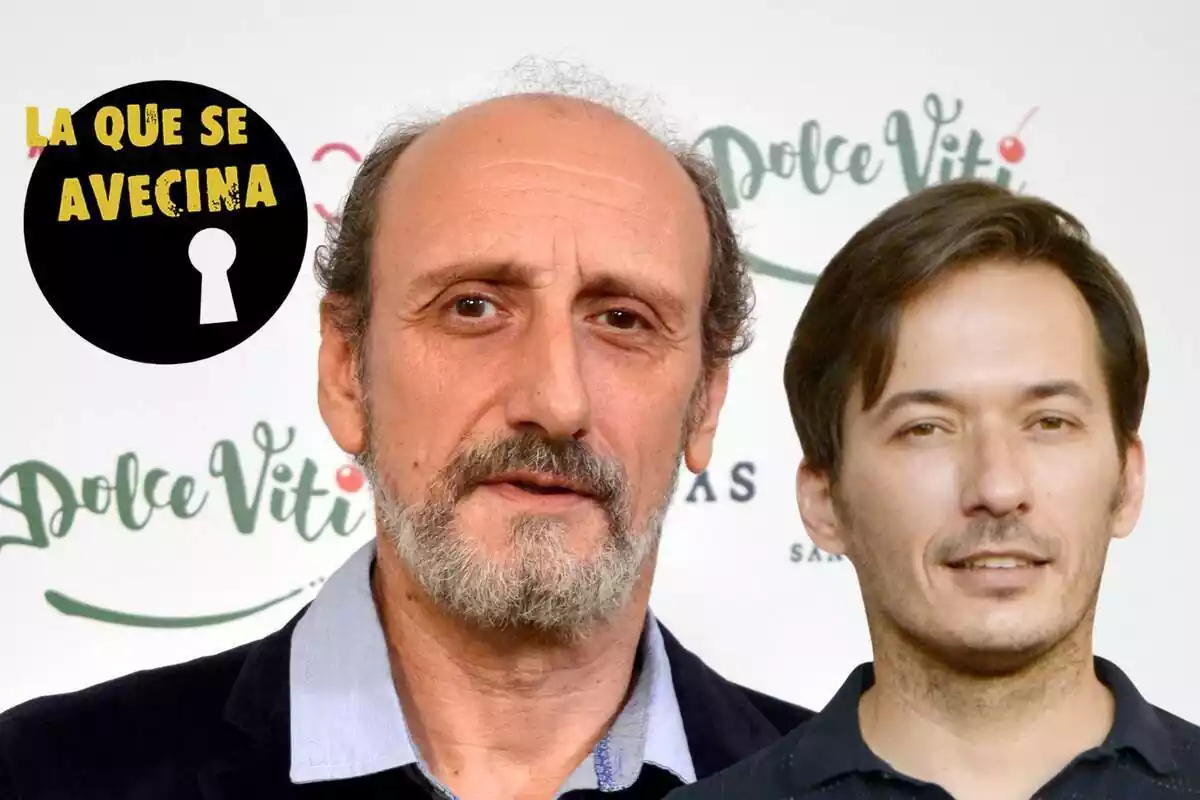 Montaje con José Luis Gil serio, Alberto Caballero sonriendo y el logo de 'La que se Avecina'