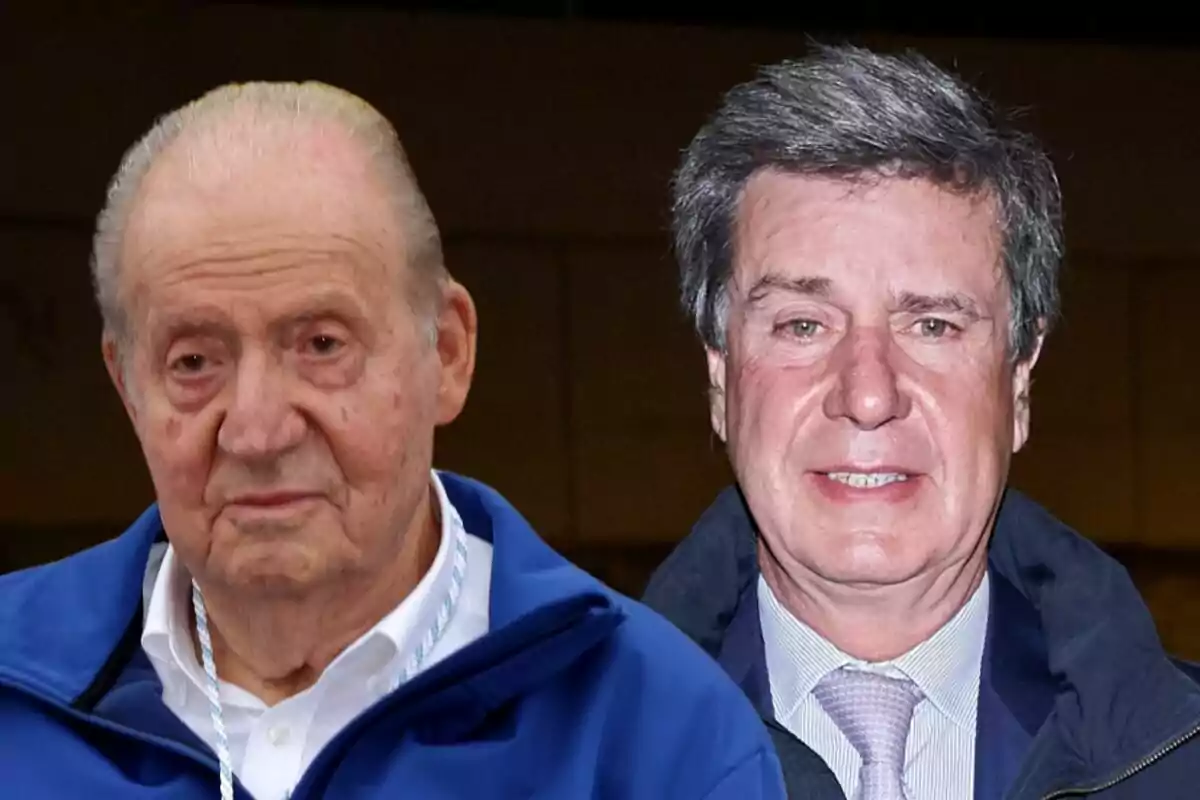 Juan Carlos I y Cayetano Martínez de Irujo posan juntos, uno lleva una chaqueta azul y el otro una corbata gris.