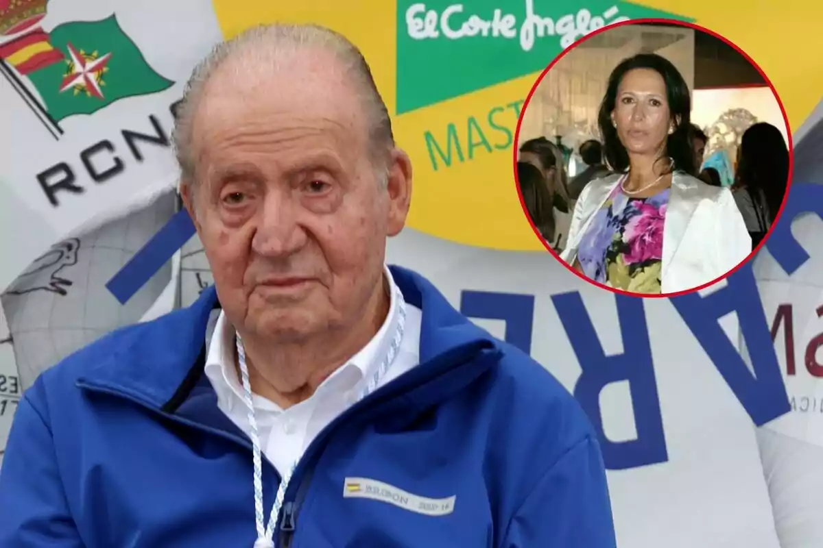 Juan Carlos I con chaqueta azul está en primer plano con un fondo de logotipos y una imagen insertada de Marta Gayá en un círculo rojo.