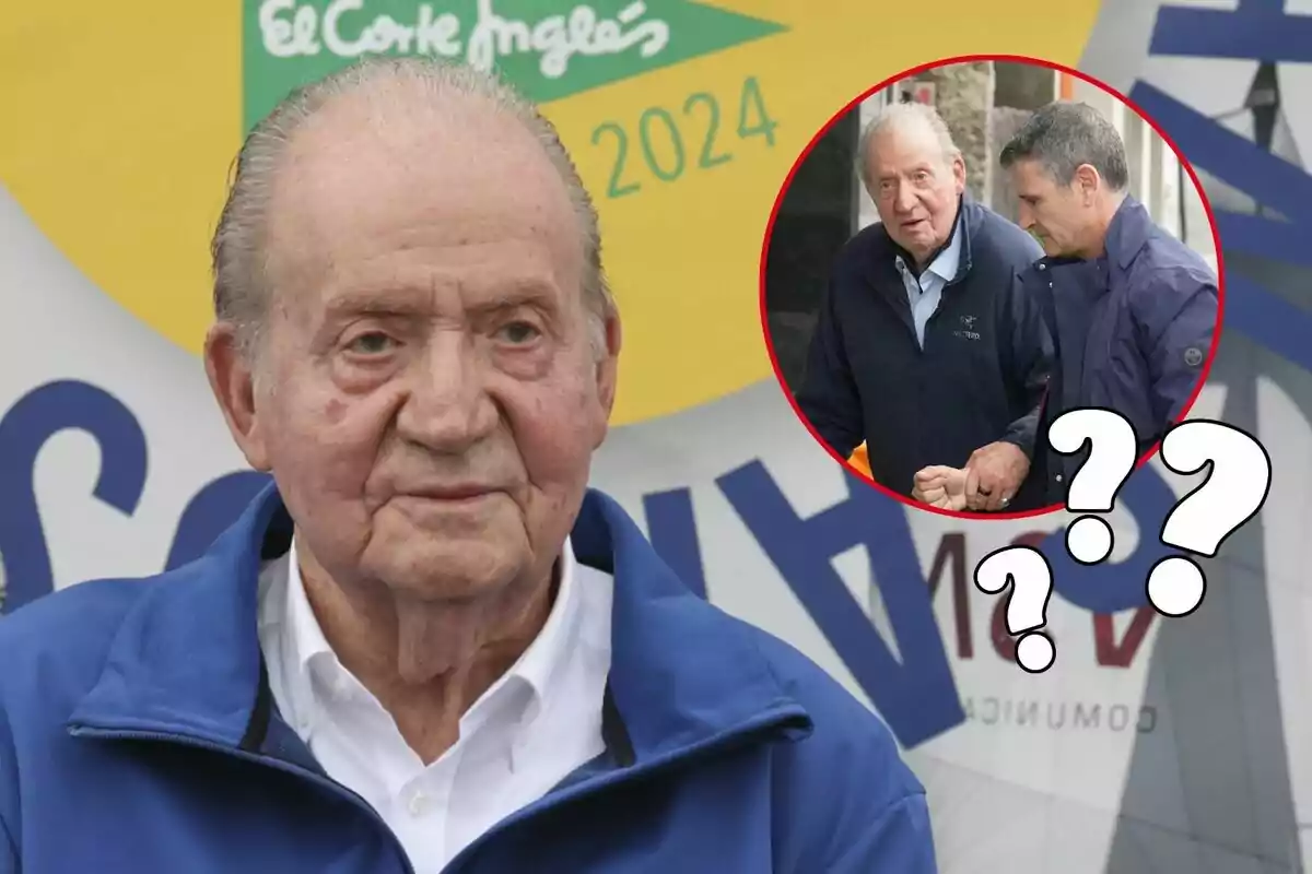 Juan Carlos I con chaqueta azul aparece en primer plano con un fondo de logotipos y un círculo rojo que muestra una imagen más pequeña de él junto a Vicente García-Mochales con signos de interrogación.