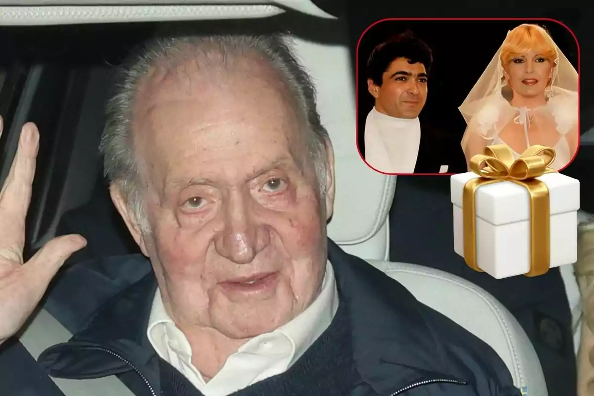 Juan Carlos I en un coche levantando la mano con una imagen superpuesta de Ángel Cristo y Bárbara Rey vestida de boda y un ícono de regalo.