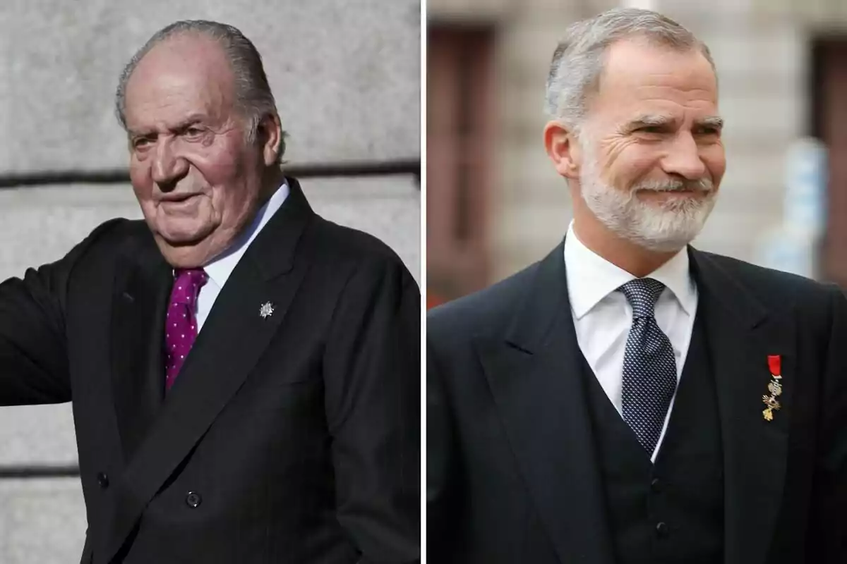 Juan Carlos I y Felipe VI vestidos de traje oscuro, uno con corbata morada y el otro con corbata negra, ambos con expresión seria. Juan Carlos I y Felipe VI vestidos de traje oscuro, uno con corbata morada y el otro con corbata negra, ambos con expresión seria.