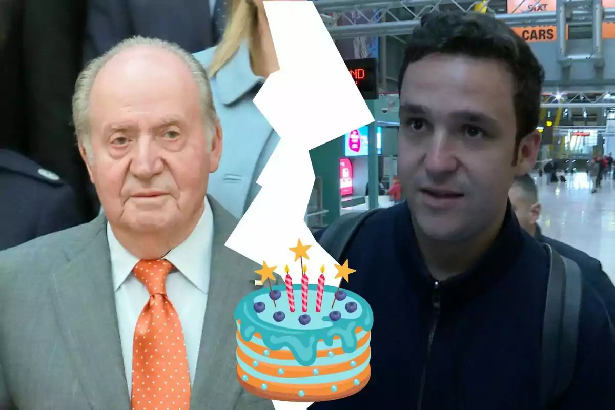Juan Carlos I y Froilán con una imagen de un pastel de cumpleaños y una línea de ruptura entre ellos.
