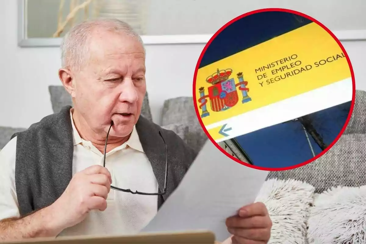 Un hombre mayor leyendo un documento con una imagen del Ministerio de Empleo y Seguridad Social de España en un círculo rojo.