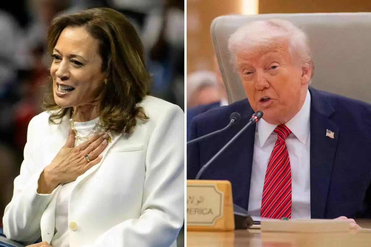 Kamala Harris y Donald Trump en un montaje fotográfico, una a la izquierda con un traje blanco y otra a la derecha con un traje oscuro y corbata roja, ambas en situaciones de discurso o conversación. Kamala Harris y Donald Trump en un montaje fotográfico, una a la izquierda con un traje blanco y otra a la derecha con un traje oscuro y corbata roja, ambas en situaciones de discurso o conversación.