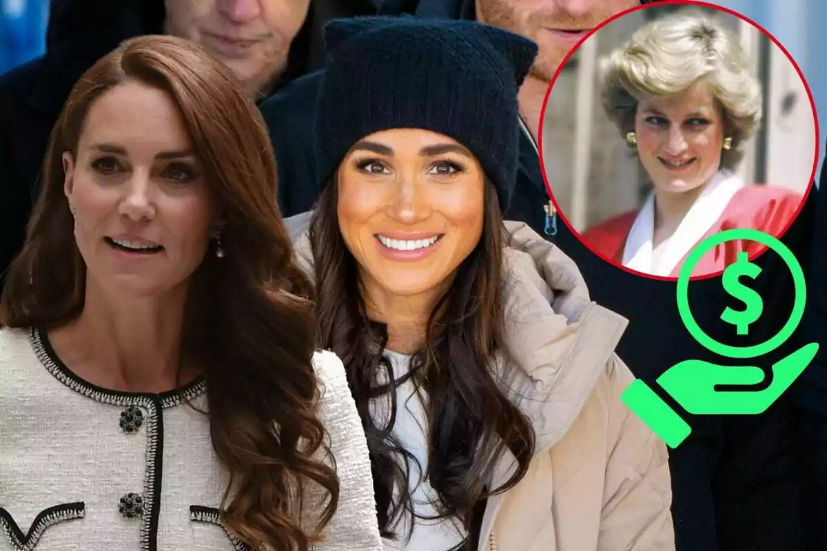 Kate Middleton y Meghan Markle sonrientes con cabello largo y oscuro, una de ellas lleva un gorro negro, junto a un círculo rojo que contiene la imagen de Lady Di rubia sonriendo, con un ícono verde de una mano sosteniendo un símbolo de dólar.