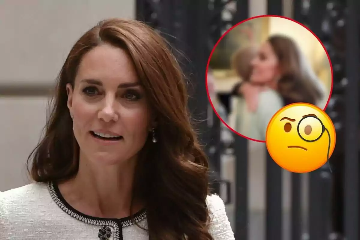 Kate Middleton con cabello castaño y expresión neutral, con un recuadro en la esquina superior derecha que muestra una imagen borrosa de un abrazo y un emoji de cara pensativa con monóculo.