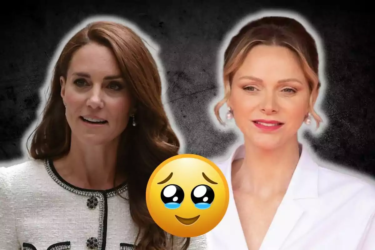 Kate Middleton y Charlene con fondo oscuro y un emoji de carita con ojos brillosos al centro