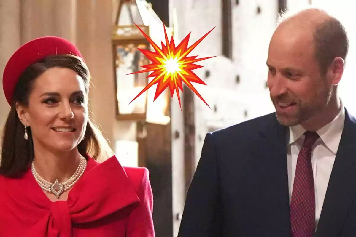 Kate Middleton con un vestido rojo y el príncipe Guillermo con traje oscuro sonríen mientras caminan juntos en un ambiente elegante, con un gráfico de explosión superpuesto entre ellos.