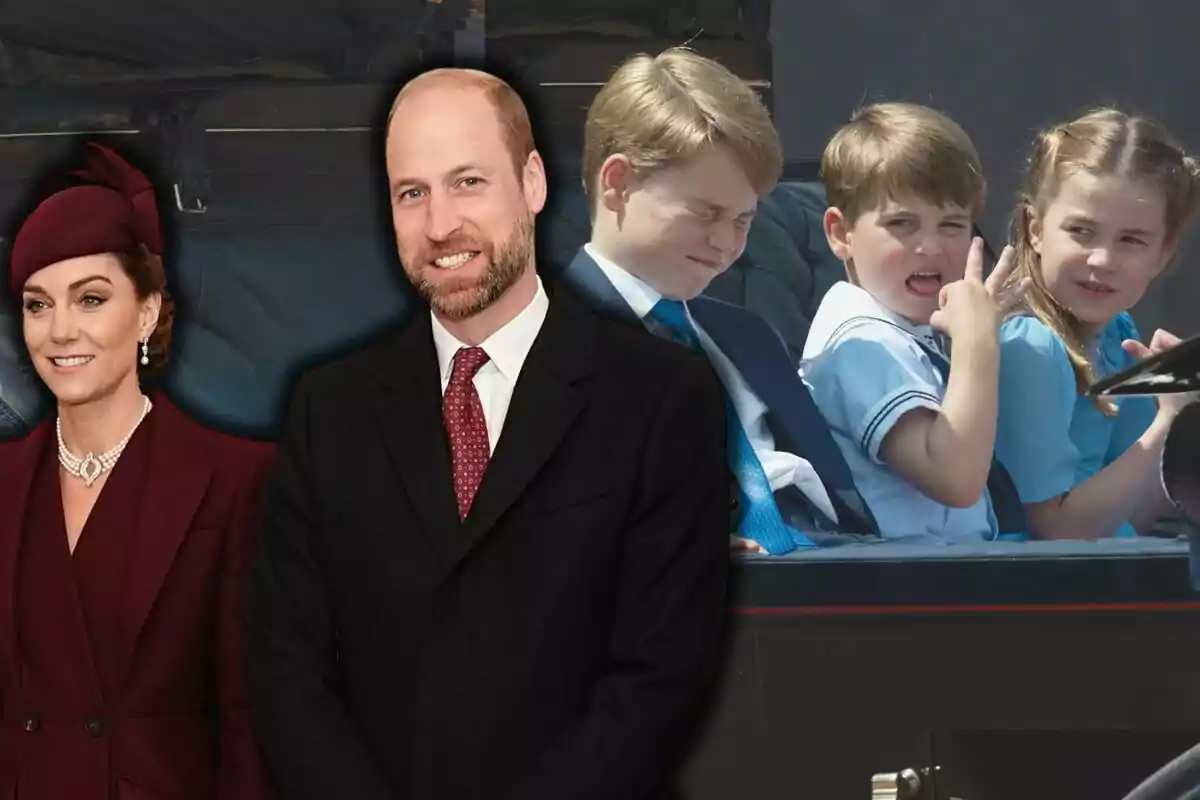 Kate Middleton y el príncipe Guillermo vestida formalmente posa frente a una imagen de George, Louis y Charlotte en un carruaje, donde uno de ellos hace un gesto divertido. Kate Middleton y el príncipe Guillermo vestida formalmente posa frente a una imagen de George, Louis y Charlotte en un carruaje, donde uno de ellos hace un gesto divertido.