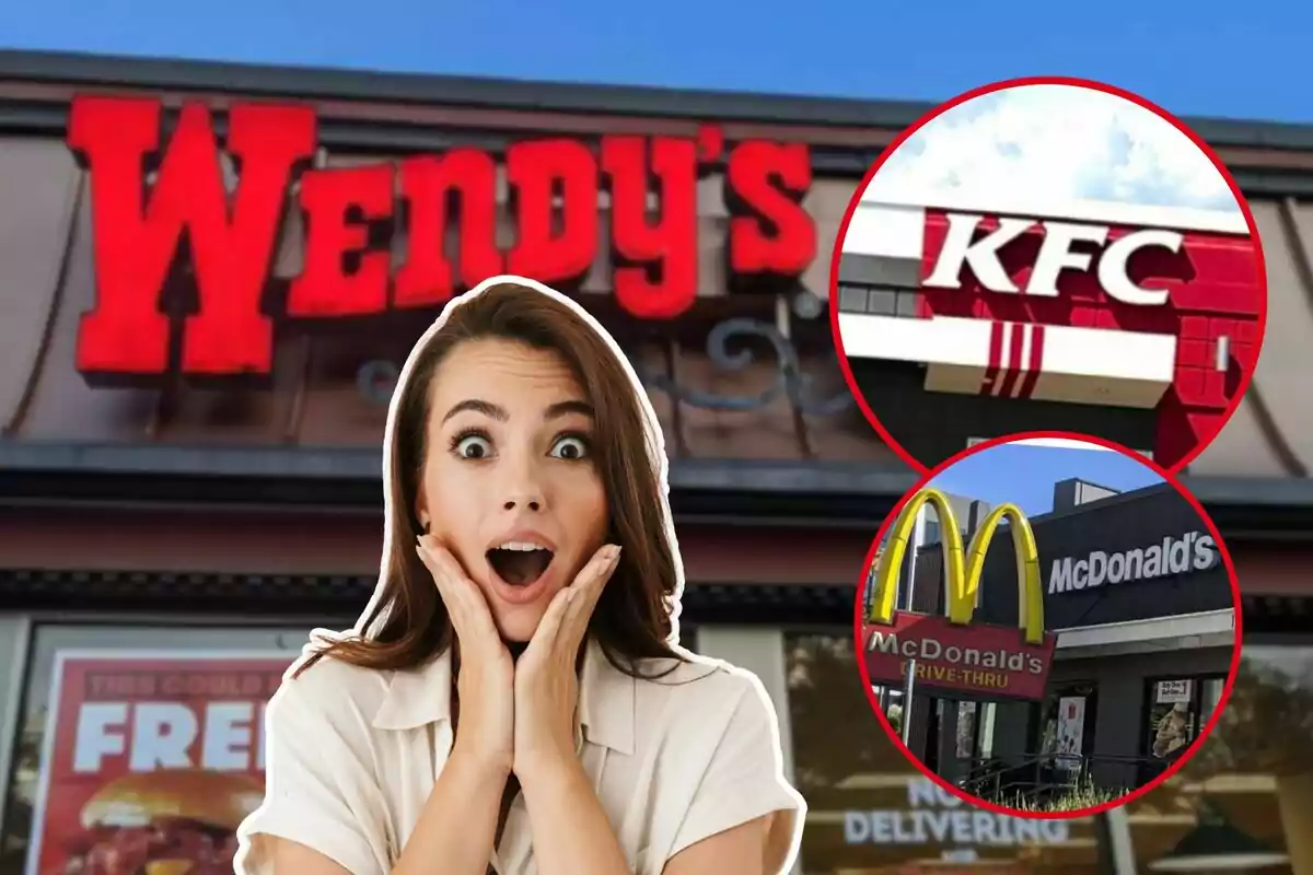 Una mujer con expresión de sorpresa frente a un restaurante de Wendy's con imágenes de KFC y McDonald's en círculos rojos.