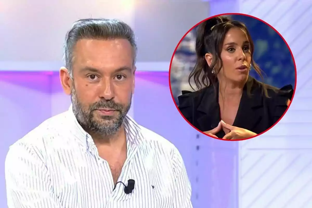 Kike Calleja con camisa blanca a rayas aparece en un estudio de televisión con una imagen circular de Anabel Pantoja hablando en el fondo.