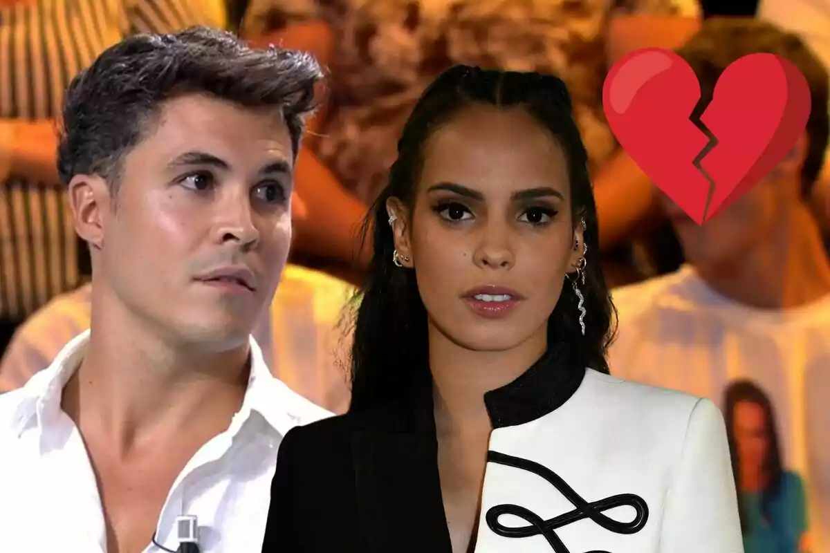 Kiko Jiménez y Gloria Camila en un programa de televisión con un emoji de corazón roto.